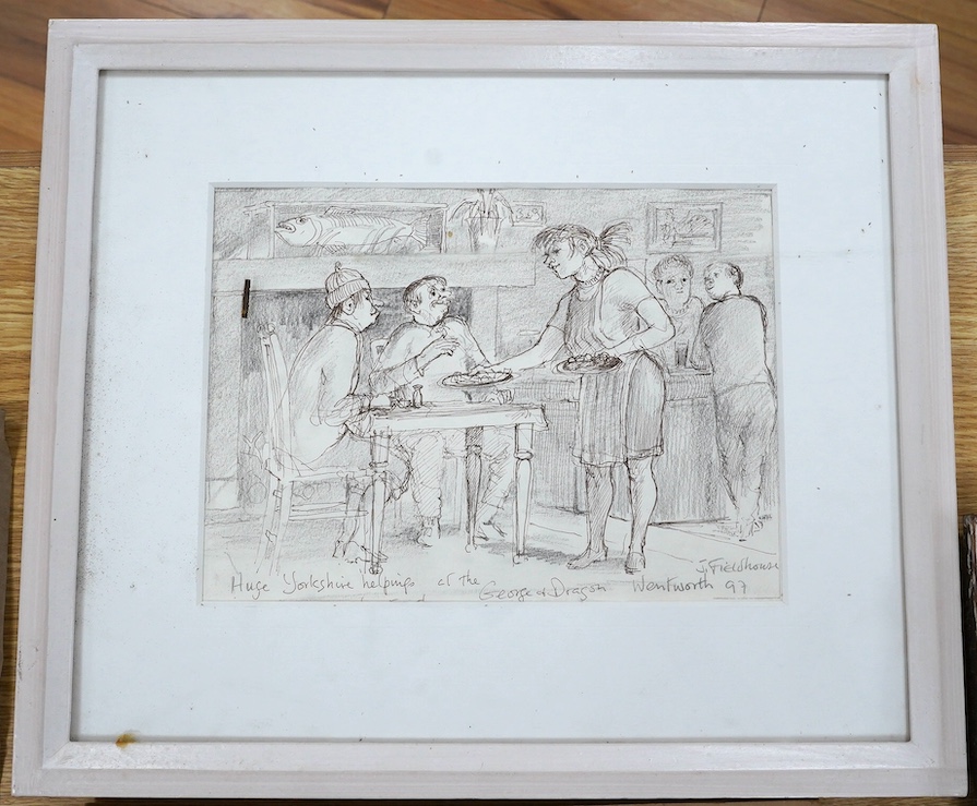 From the Studio of Fred Cuming. T. Fieldhouse, oil on board, Town scene with figures, signed and dated 1999 together with an ink and pencil sketch, ‘Huge Helpings’, largest 60 x 39cm. Condition - good, some knocks to fra